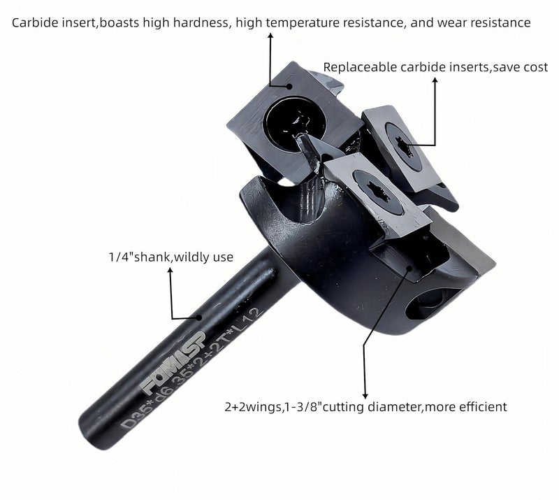 FomaSP CNC Spoilboard Surfacing Router Bit,1/4"(6.35mm) Shank,1-3/8"(35mm) Cutting Diameter,Slab Flattening Router Bit,Replaceable Carbide Inserts Wood Planer Bit with 2+2 Wings for Woodworking. - Image 5